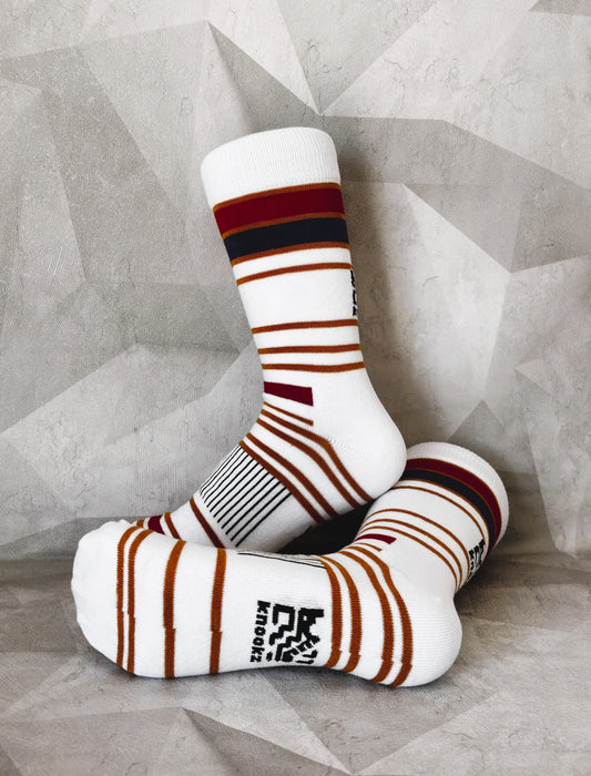 Knookz Flick hemp socks – retro striped crew socks in warm tones, breathable and sustainable style