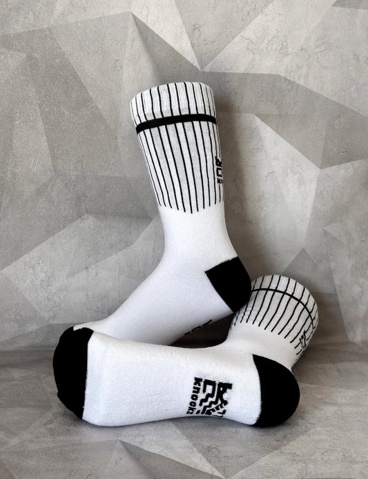 Knookz Shift hemp socks – black and white striped crew socks for a bold, clean style