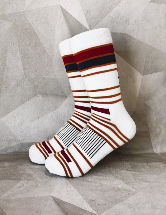 Knookz Flick hemp socks – retro striped crew socks in warm tones, breathable and sustainable style