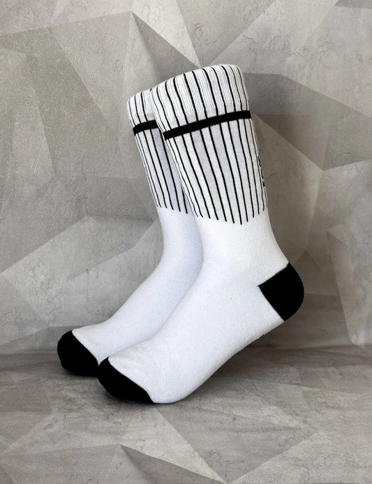 Knookz Shift hemp socks – black and white striped crew socks for a bold, clean style